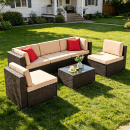 Willowmare 5 Seater Beige and Brown Rattan Patio Furniture Set - Grey - Wilko