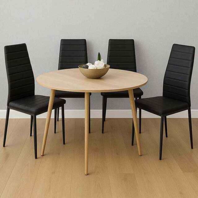 Kosy Koala 4 Seater Round Faux Leather Wooden Dining Set Black - Beige - Wilko - image 1