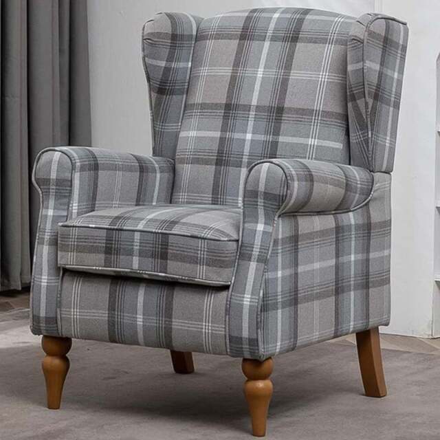 Furniture One Grey Check Fabric Wing Back Fireside Armchair - Size: Single - Wilko - image 1