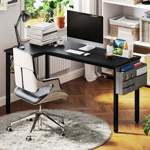 HOMCOM L Shaped Corner Computer Desk with Fabric Bag and Hooks Black - Size: 76 x 81 x 145cm - Wilko - image 1