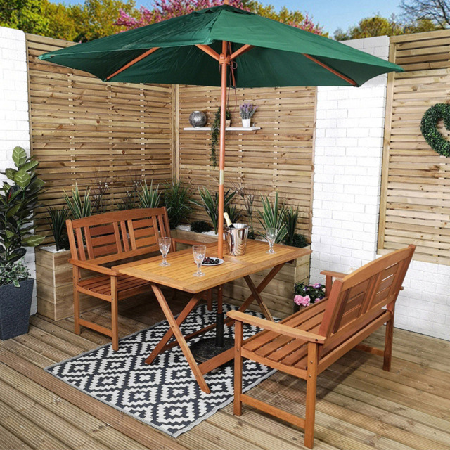 Samuel Alexander Wooden 4 Seater Folding Rectangular Garden Dining Bench Set with Green Parasol - Brown - Wilko - image 1