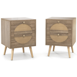 Costway Natural 2 Drawer Bohemian Style Rattan Bedside Table Set of 2 - Cream - Wilko - thumbnail 3