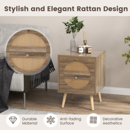 Costway Natural 2 Drawer Bohemian Style Rattan Bedside Table Set of 2 - Cream - Wilko - thumbnail 7