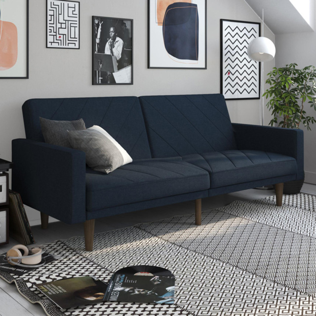 Dorel Paxson 3 Seater Linen Navy Blue Sofa Bed with Wooden Feet - Wilko - image 1