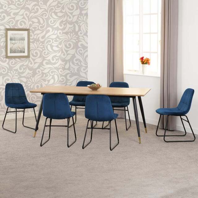 Seconique Hamilton Lukas Oak Effect Velvet 6 Seater Dining Table Set Sapphire Blue - Multi - Wilko - image 1