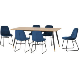 Seconique Hamilton Lukas Oak Effect Velvet 6 Seater Dining Table Set Sapphire Blue - Multi - Wilko - thumbnail 3