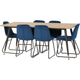 Seconique Hamilton Lukas Oak Effect Velvet 6 Seater Dining Table Set Sapphire Blue - Multi - Wilko - thumbnail 4