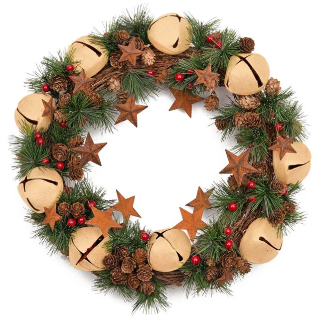 Shatchi Christmas Wreath with Cream Bells Stars Pine Cones Berries and Leaves 1.31ft - Wilko - image 1