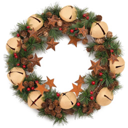 Shatchi Christmas Wreath with Cream Bells Stars Pine Cones Berries and Leaves 1.31ft - Wilko