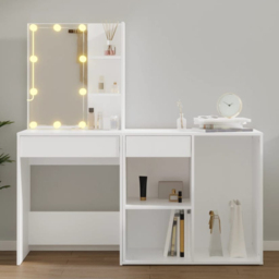 vidaXL White Dressing Table with LED Mirror and Cabinet - Size: 140 x 60 x 40cm - Wilko - thumbnail 1