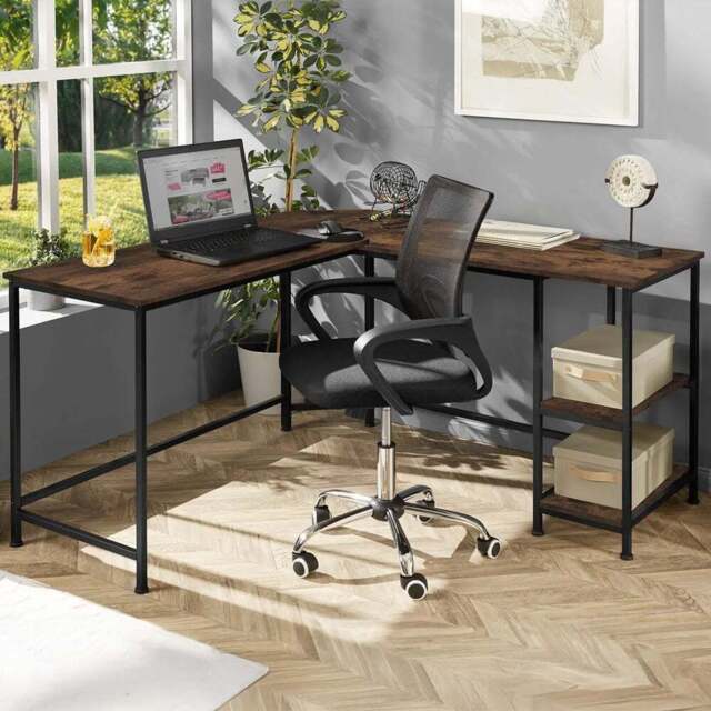 tectake Hamilton 2 Shelf Industrial Dark Wood Corner Desk - Brown - Wilko - image 1