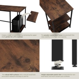 tectake Hamilton 2 Shelf Industrial Dark Wood Corner Desk - Brown - Wilko - thumbnail 5