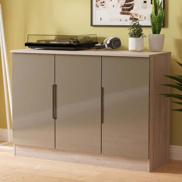 Crowndale Milan 3 Door Grey Gloss and Grey Oak Sideboard Ready Assembled - Size: 79 x 110 x 39cm - Grey Gloss & Grey Oak - Wilko - image 1