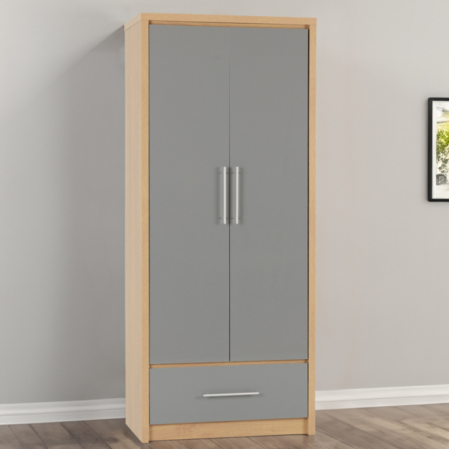 Seconique Seville 2 Door Single Drawer Grey Gloss Light Oak Effect Veneer Wardrobe - Size: 2 Door, Single Drawer - Wilko - image 1
