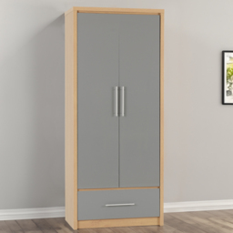 Seconique Seville 2 Door Single Drawer Grey Gloss Light Oak Effect Veneer Wardrobe - Size: 2 Door, Single Drawer - Wilko - thumbnail 1