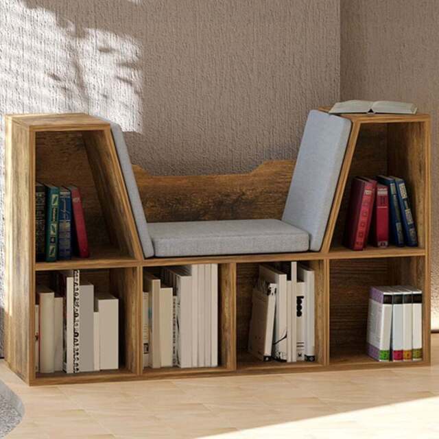 Portland 6 Shelf Brown Bookcase with Cushioned Reading Seat - Wilko - image 1