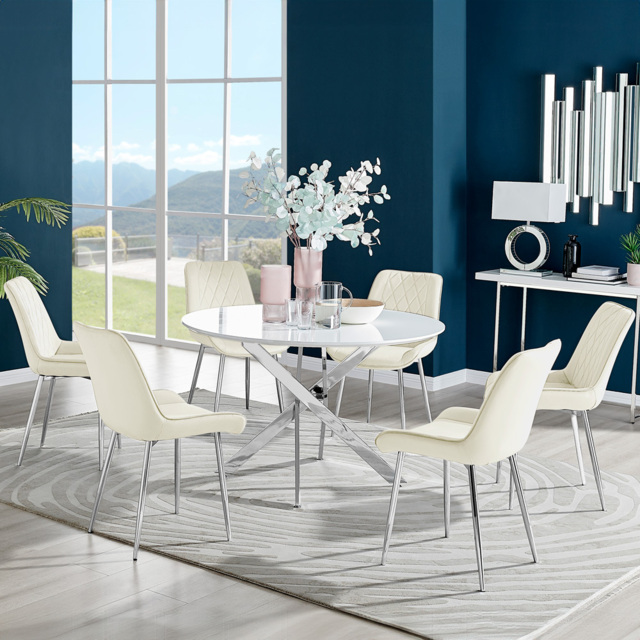Furniturebox Arona Cesano 6 Seater Round Dining Set White Gloss Chrome and Cream - Wilko - image 1