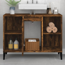 vidaXL Single Door 4 Shelf Smoked Oak Freestanding Under Sink Bathroom Cabinet - Size: 60 x 80 x 33cm - Brown - Wilko - thumbnail 1