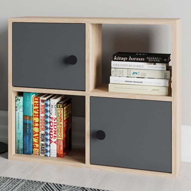 Decorotika Tuttle 2 Door 2 Open Shelf Oak and Anthracite Bookcase - Size: 62.6 x 72 x 25cm - Multi - Wilko - image 1