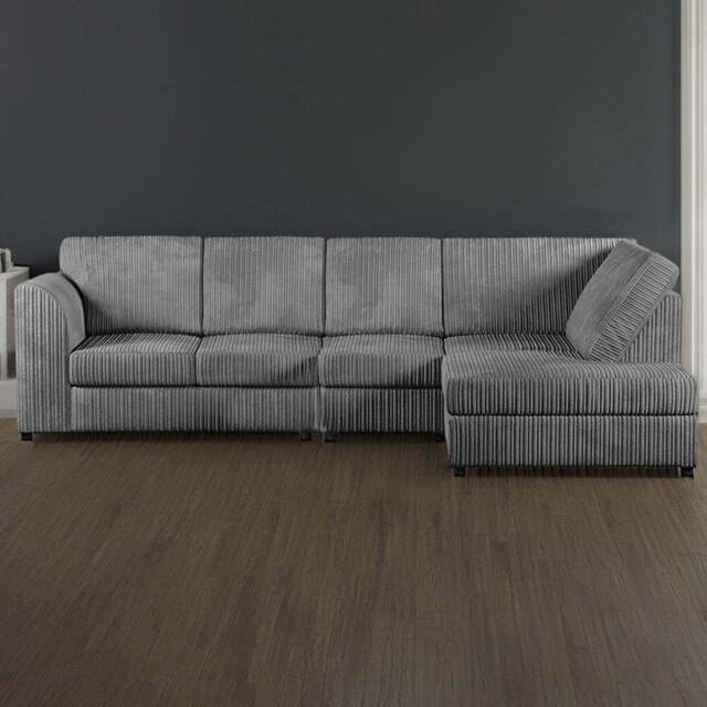 Luxor 4 Seater Grey Jumbo Cord Right Hand Facing Full Back L Shaped Corner Sofa Set - Wilko - image 1