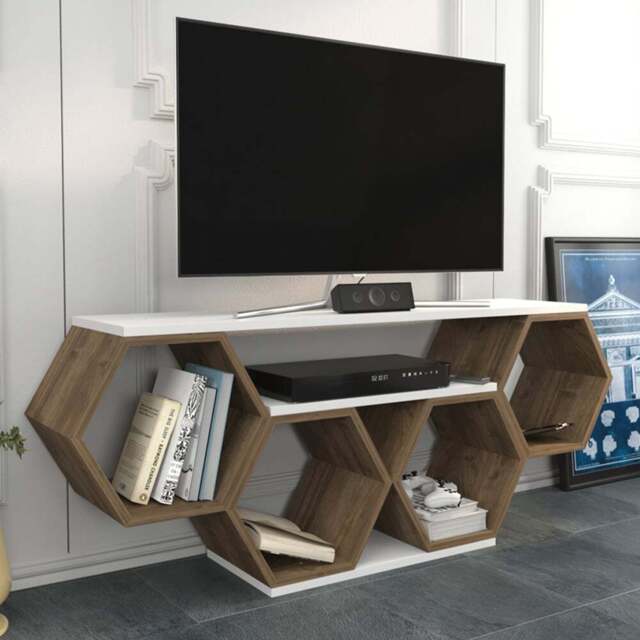 Decorotika Honey White and Walnut Wide Hexagonal TV Unit - Size: 55.5 x 140 x 26.6cm - Multi - Wilko - image 1