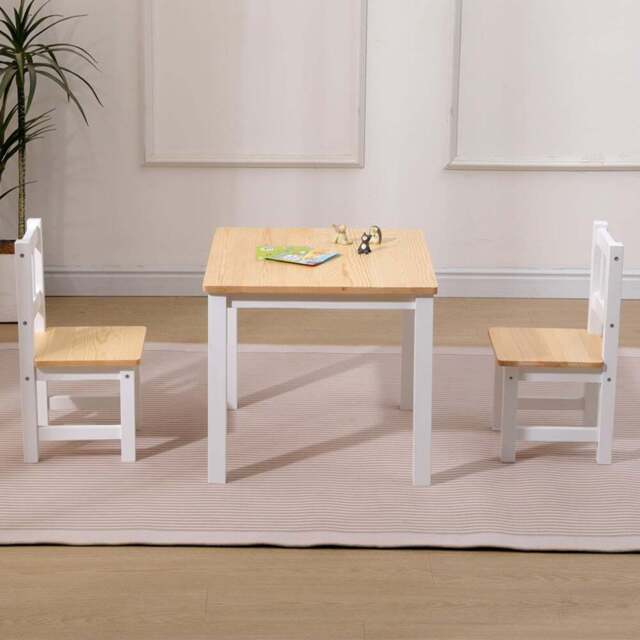 FurnitureHMD Kids 2 Seater White Pine Wood Table and Chair Set - White+Natural - Wilko - image 1