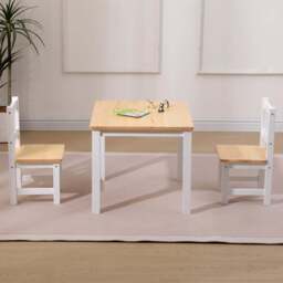 FurnitureHMD Kids 2 Seater White Pine Wood Table and Chair Set - White+Natural - Wilko