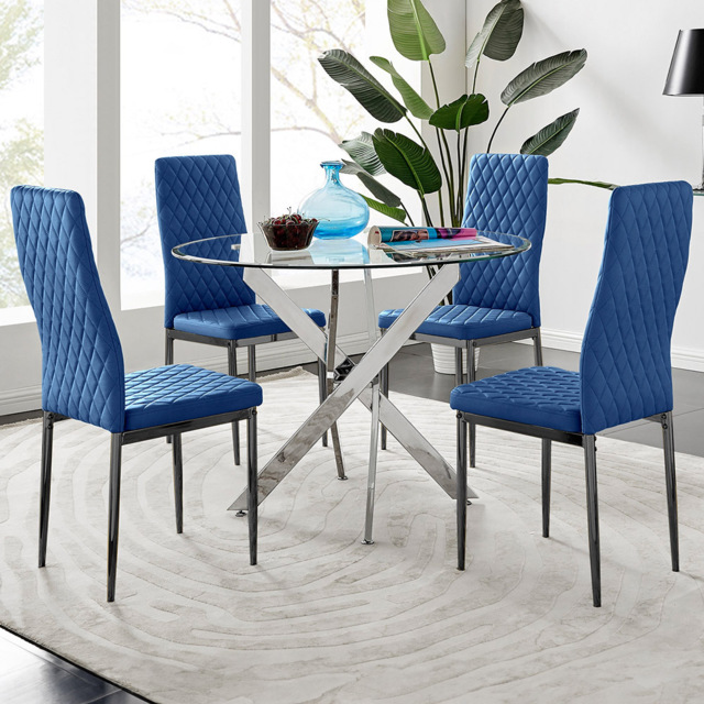 Furniturebox Arona Valera 4 Seater Round Dining Set Navy Black and Chrome - Blue - Wilko - image 1