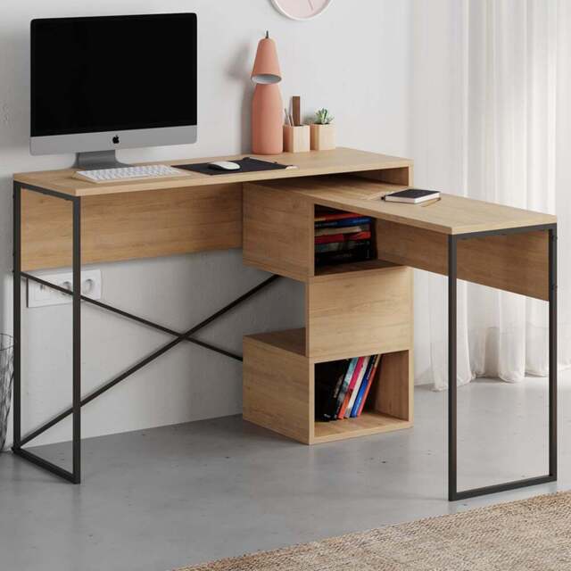Decortie Badau 3 Shelf Modern Multipurpose Computer Desk Oak - Size: 77 x 110 x 37.2cm - Brown - Wilko - image 1