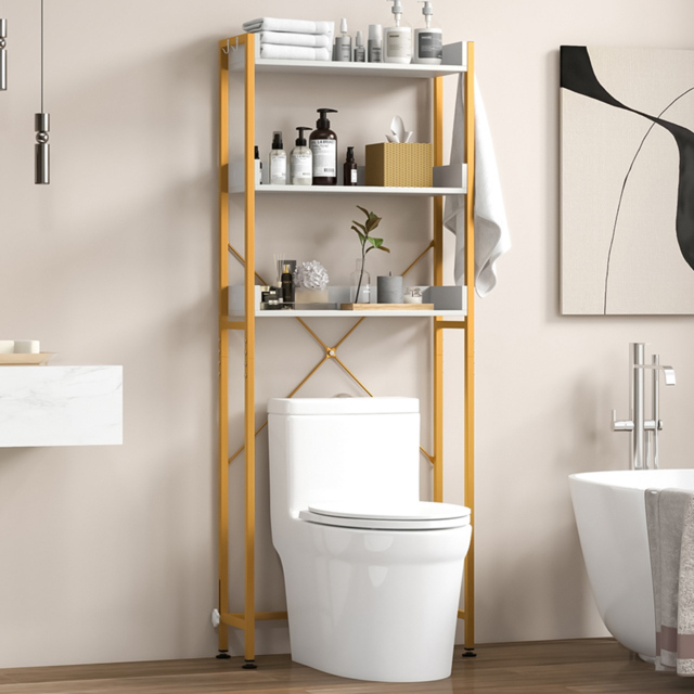 Costway 3 Shelf White and Gold Over The Toilet Storage Shelf with Hooks - Size: 93 x 33 x 20cm - Wilko - image 1