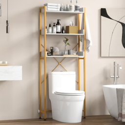 Costway 3 Shelf White and Gold Over The Toilet Storage Shelf with Hooks - Size: 93 x 33 x 20cm - Wilko