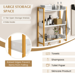 Costway 3 Shelf White and Gold Over The Toilet Storage Shelf with Hooks - Size: 93 x 33 x 20cm - Wilko - thumbnail 6
