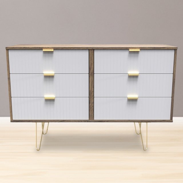 Crowndale 6 Drawer White Matt and Vintage Oak Wide Chest of Drawers Ready Assembled - Wilko - image 1