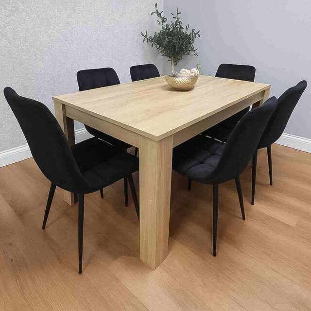 Portland Kosy Koala 6 Seater Dining Set Oak Effect and Black - Beige - Wilko - image 1