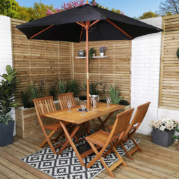 Samuel Alexander Wooden 4 Seater Folding Rectangular Garden Dining Set with Black Parasol - Brown - Wilko