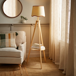 ValueLights Morrigan Natural Wood Shelf Rust Trim Scallop Shade Tripod Floor Lamp with Bulb - Cream - Wilko - thumbnail 3