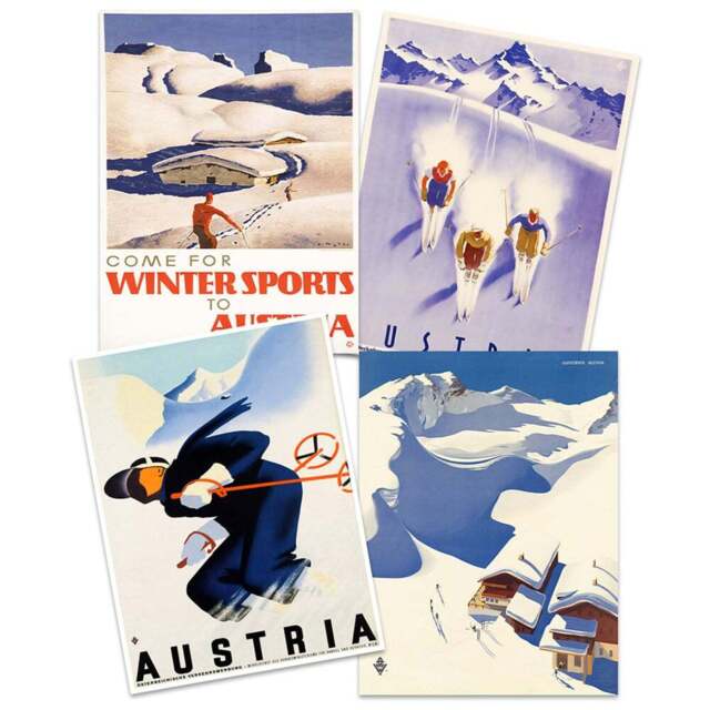 Wee Blue Coo Vintage Austria Travel Winter Sport Snow Alps Wall Art Print 30 x 41cm 4 Pack - Size: 40.5 x 30.5 x 0.3cm - Multi - Wilko - image 1