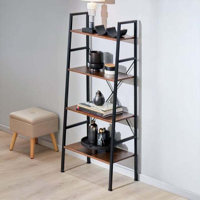 tectake Newcastle 4 Tier Dark Wood Rustic Ladder Shelf - Size: 139 x 35.5 x 57.5cm - Brown - Wilko - image 1