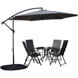 Samuel Alexander 4 Person Round Glass Top Garden Dining Set with Grey Banana Parasol and Base - Size: 4 Seater - Black - Wilko - thumbnail 3
