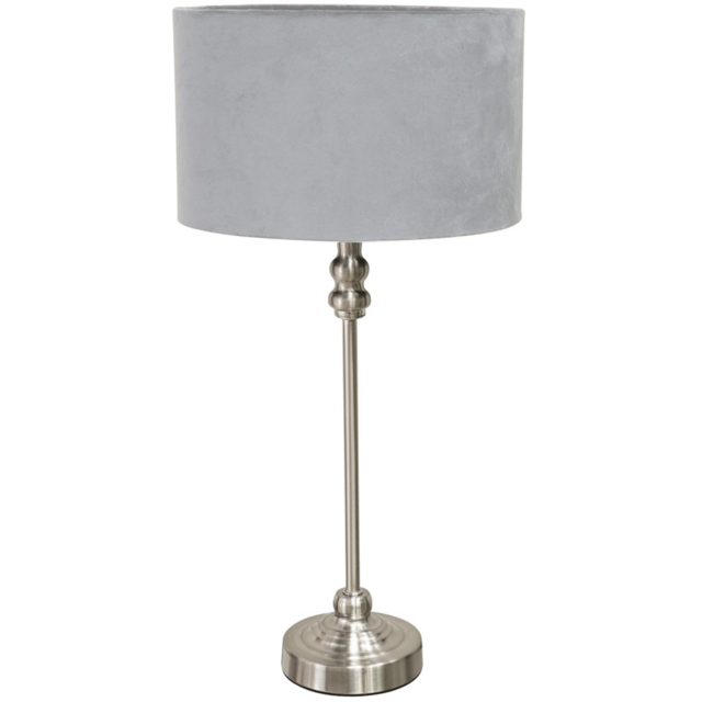 ValueLights Maggie Grey Velvet and Brushed Chrome Drum Shade Candlestick LED Table Lamp - Size: 50 x 25 x 25cm - Silver - Wilko - image 1
