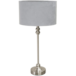 ValueLights Maggie Grey Velvet and Brushed Chrome Drum Shade Candlestick LED Table Lamp - Size: 50 x 25 x 25cm - Silver - Wilko