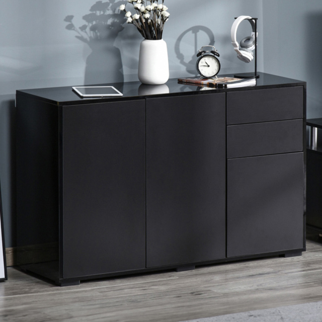 Portland 2 Door 2 Drawers Black High Gloss Sideboard Side Cabinet - Size: 117 x 36 x 74cm - Wilko - image 1
