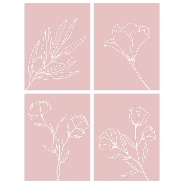 Wee Blue Coo Cream and Pastel Wildflower Outline Wall Art Print 30 x 41cm 4 Pack - Size: 40.5 x 30.5 x 0.3cm - Pink - Wilko - image 1