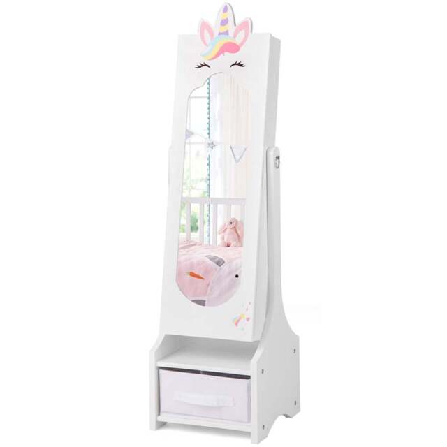 Costway Kids Single Drawer 3 Shelf White Mirrored Jewellery Cabinet - Size: 32 x 30 x 115cm - Wilko - image 1