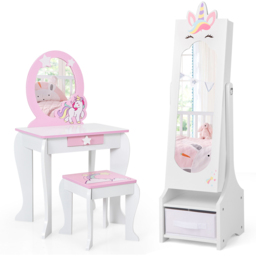 Costway Kids Single Drawer 3 Shelf White Mirrored Jewellery Cabinet - Size: 32 x 30 x 115cm - Wilko - thumbnail 4