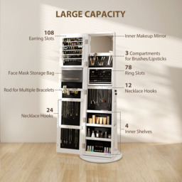 HOMCOM White Full Length Mirror 360° Swivel Jewellery Cabinet - Size: 21 x 44 x 166cm - Wilko - thumbnail 6