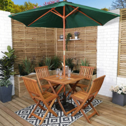Samuel Alexander Wooden 4 Seater Folding Square Garden Dining Set with Green Parasol - Brown - Wilko