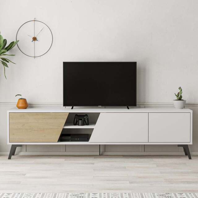 Decortie Fiona 3 Door 2 Shelf Oak and White TV Unit - Size: 48.0  x 180.0  x 35.6 cm - Multi - Wilko - image 1