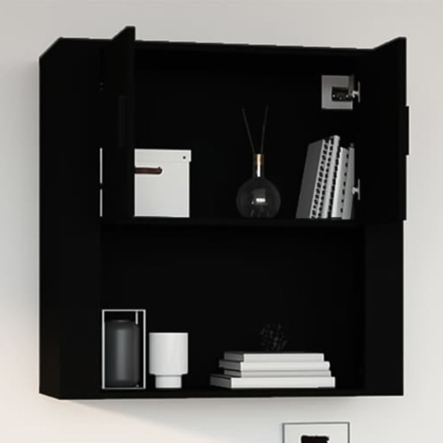 vidaXL 2 Door Single Open Shelf Black Wall Mounted Cabinet - Size: 80 x 80 x 33cm - Wilko - image 1