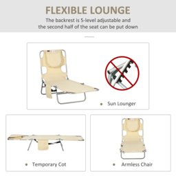 Outsunny Beige 5 Level Adjustable Folding Sun Lounger with Reading Hole - Size: 72 x 11 x 57cm - Cream - Wilko - thumbnail 5